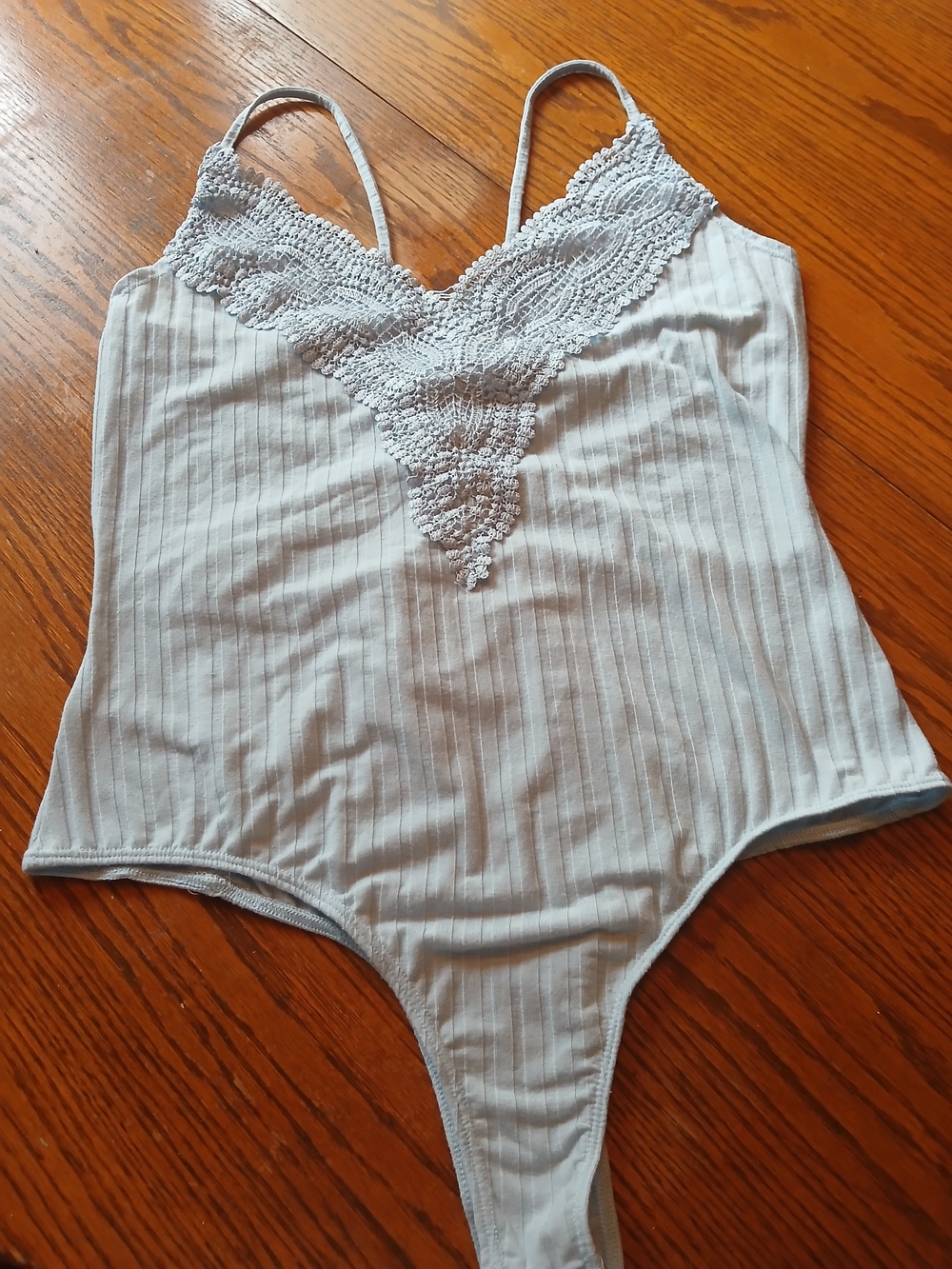 Just Polly Lace Trim Ribbed Bodysuit - Light Blue Low Cut Flirty Femine XL